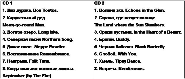 : D 1 
1.  . Dos Tontos.
2.  .
Merry-go-round Man.
3.  . Long lake.
4.   Northern Song.
5.  . Steppe Frontier.
6.  Remembrance.
7. . Folk Tune.
8.    . September (by The Fire).	CD 2
1.  . Echoes in the Glen.
2. ,   .
The Land where the Sun Slumbers.
3.  . In the Heart of a Desert.
4. . Buddy.
5.  . Black Butterfly
6.  . With You.
7. . Tipsy Dance.
8. . Rendezvous.
 
